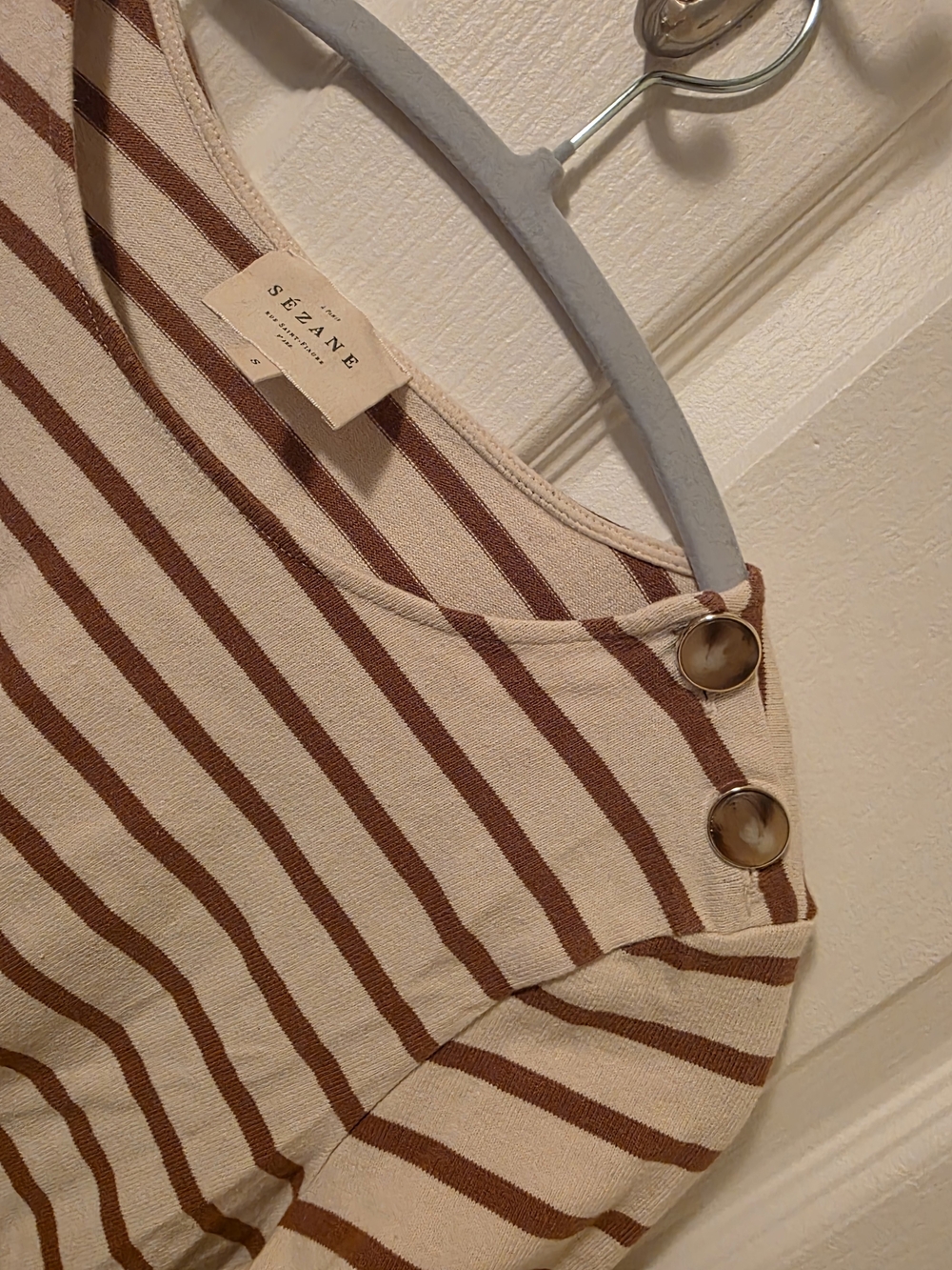 Sézane Colette Marinière Striped Shoulder Button Top Ecru Camel Small
